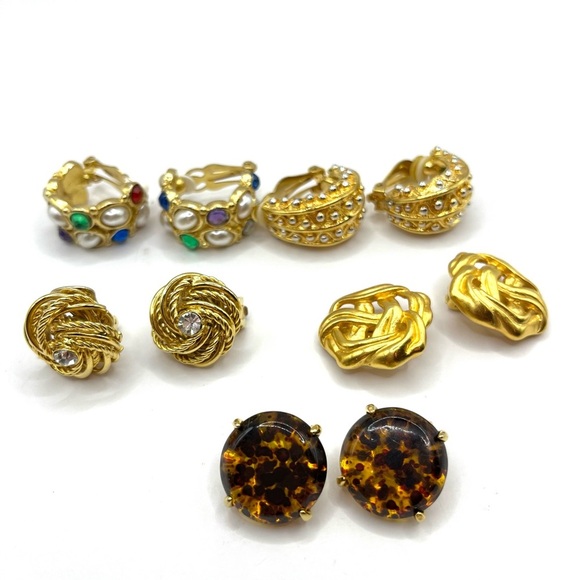 Earring Lot 5 Pairs Chunky Earrings with Ornate Clip on Earrings Gold Tone - Picture 2 of 16